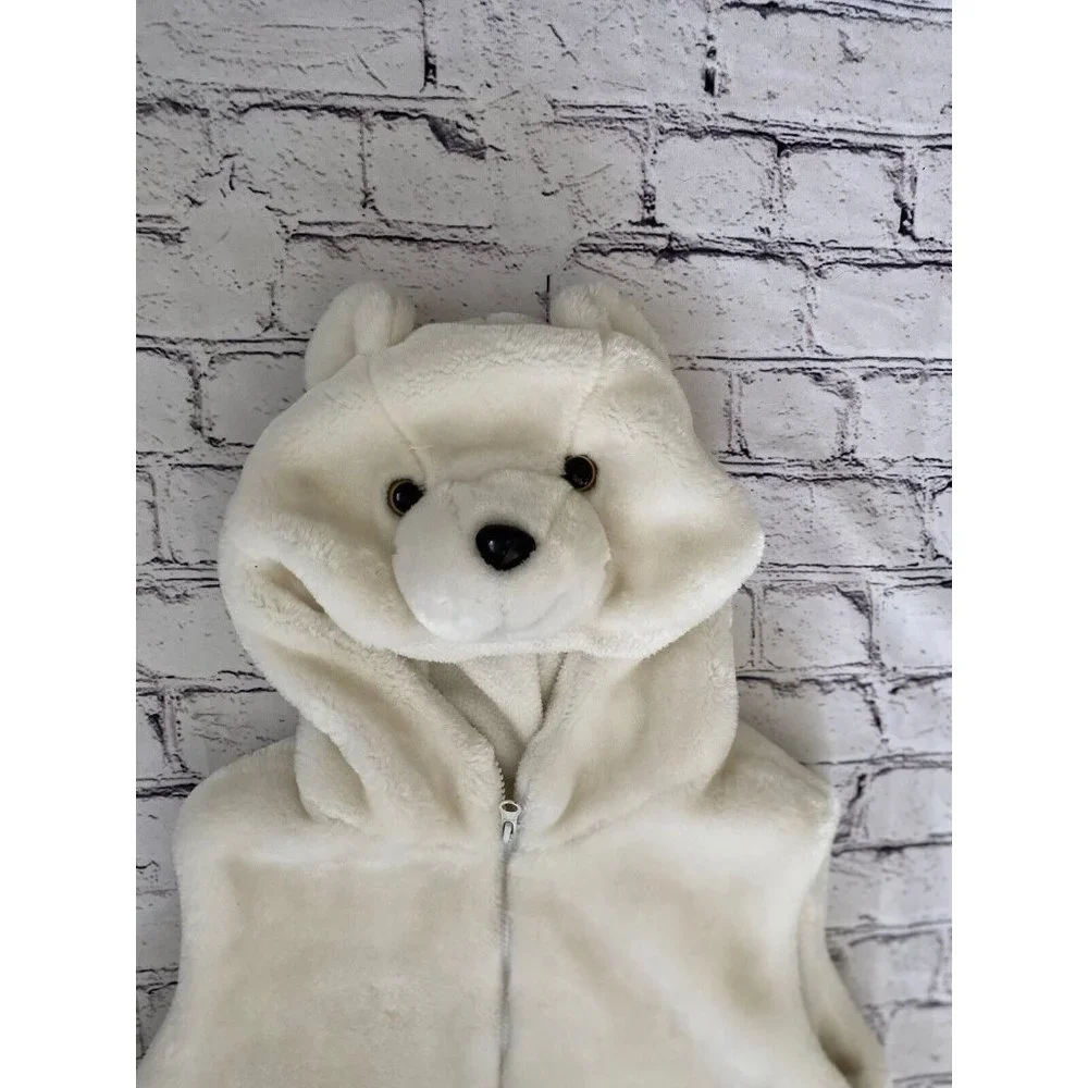 Fleece Polar Bear White‎ Faux Fur White Hooded Vest Size Small Youth Vintage Zip